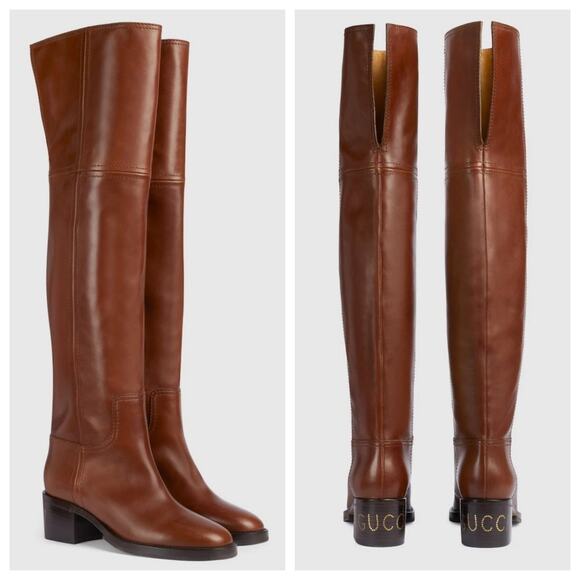 Gucci Brown Leather Script Logo Over-the-Knee Boots – 2024 Runway - Picture 1 of 16